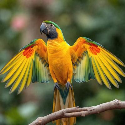 The primary subject of the image is a colorful bird with a vibrant green, yellow, and orange plumage. The bird is perched on a branch, showcasing its beautiful feathers. The setting is an outdoor environment, with trees in the background. The visual style of the image is a close-up of the bird, highlighting its vivid colors and intricate feather patterns. The overall atmosphere of the image is lively and full of energy, as the bird's vibrant colors create a
